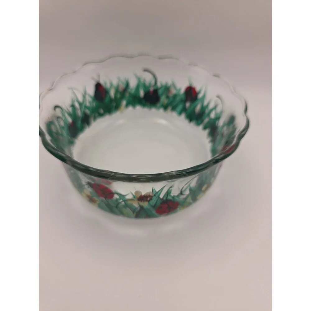 Ladybugs in Grass Hand Painted Glass Serving Bowl
